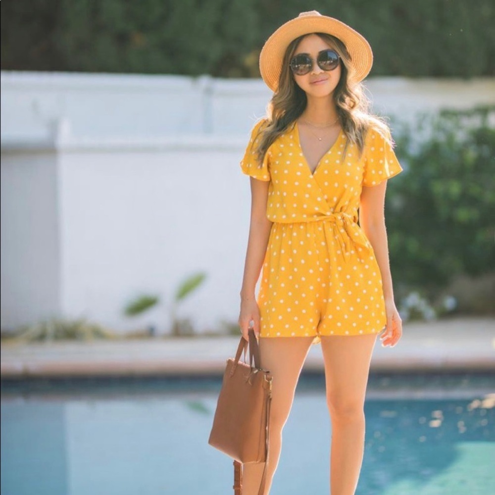 Everly Yellow Polka Dot Waist Knot Romper